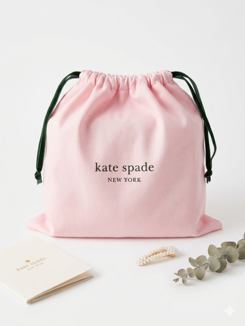 Kate Spade New York Soft Pink Drawstring Dustbag Pouch with Dark Green Ties